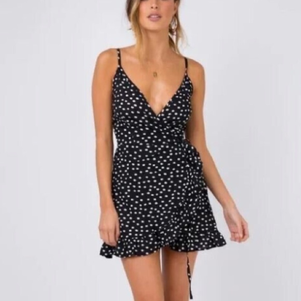 Princess Polly Black and White Polka Dot Wrap Mini Dress